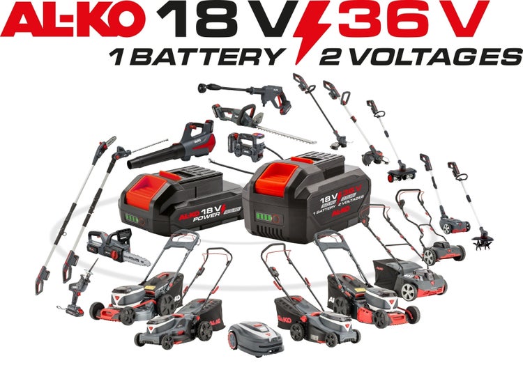 AL-KO 18 Volt und 36 Volt Akkusystem für verschiedene Gartengeräte wie Rasenmäher, Heckenscheren und Trimmer.