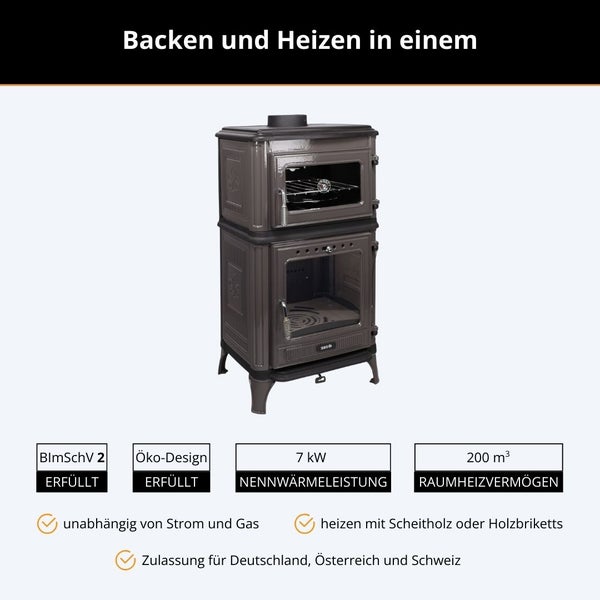 Kaminofen mit Backfach für Scheitholz und Holzbriketts, 7 Kilowatt, für 200 Kubikmeter, erfüllt BImSchV Stufe 2 und Ökodesign.