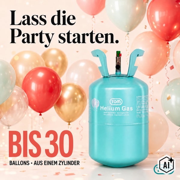 Einweg Helium Gas Zylinder von Tom zum Befüllen von bis zu 30 Luftballons vor einem Hintergrund mit Luftballons und Konfetti.