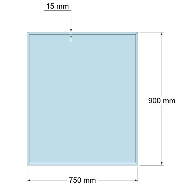 Maßzeichnung eines rechteckigen Spiegels mit einer Breite von 750 Millimeter, einer Höhe von 900 Millimeter und einer Facette von 15 Millimeter.