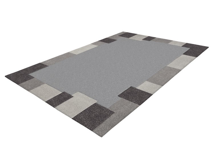 Kurzflor-Teppich mit geometrischer Bordüre in Grautönen, modernes Design für Wohnräume.