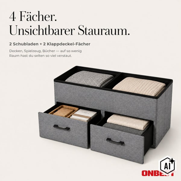 Aufbewahrungsbox mit zwei Schubladen und zwei Klappdeckelfächern für Decken und Spielzeug, Onbest Logo.