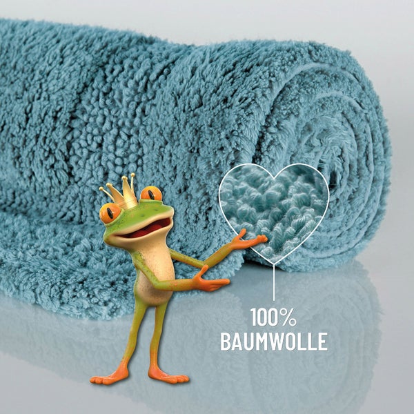 Blau gewebte Badematte aus 100 Prozent Baumwolle mit Detailansicht der weichen Textur und Comic-Froschfigur.