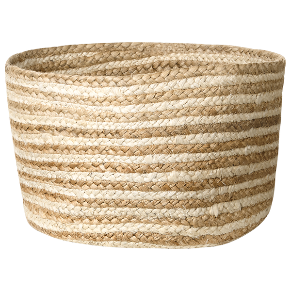 Geflochtener Korb aus Jute mit gestreiftem Muster in Beige und Cremeweiß, rund.