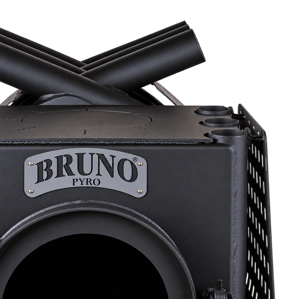 Bruno Pyro Kaminofen mit markantem Röhren-Design aus Stahl mit Herstellerlogo auf der Vorderseite.