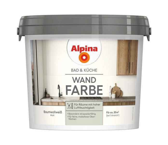 Alpina Wandfarbe Bad und Küche Baumwollweiß matt, strapazierfähig für Räume mit hoher Luftfeuchtigkeit, für circa 20 Quadratmeter.