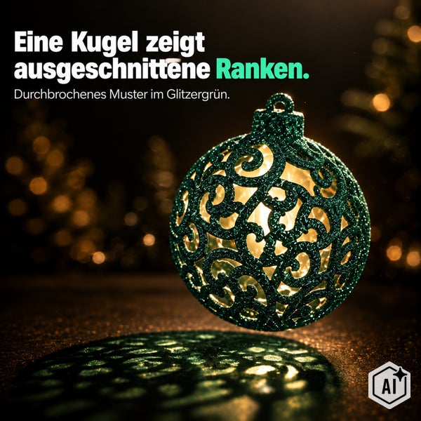 Weihnachtskugel mit durchbrochenem Rankenmuster und Glitzeroberfläche zur Dekoration.