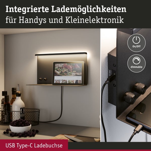 Schwarzes Küchenregal mit integrierter LED-Beleuchtung, USB-Typ-C-Ladebuchse, Ein-Aus-Schalter und Dimmfunktion.