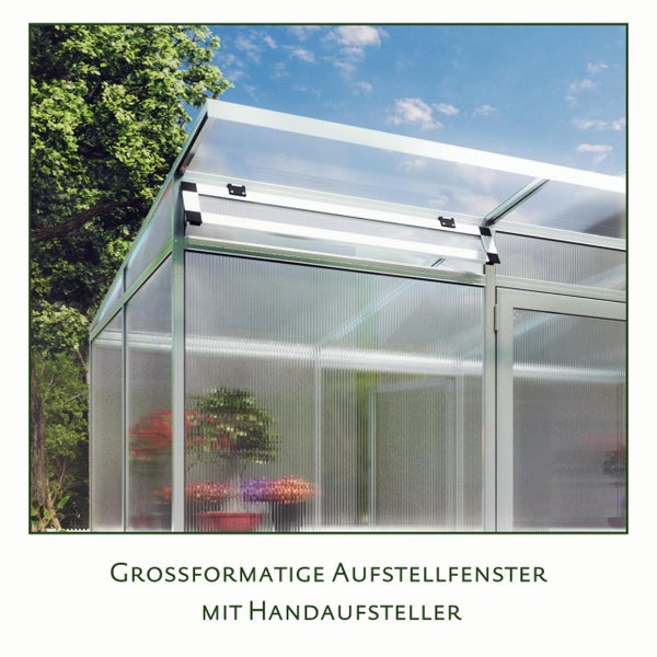 Detailansicht eines Gewächshauses mit großformatigem Aufstellfenster, Handaufsteller und Hohlkammerplatten.