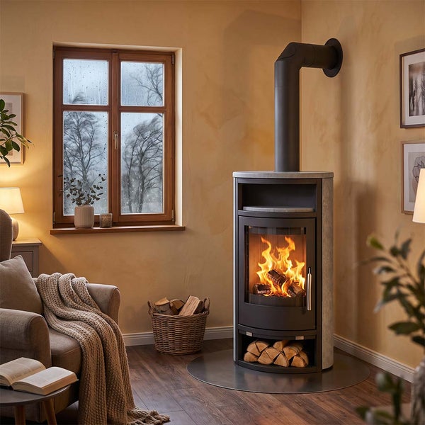 Moderner Kaminofen mit Specksteinverkleidung und brennendem Holzfeuer in einem gemütlichen Wohnzimmer vor einem Fenster platziert.