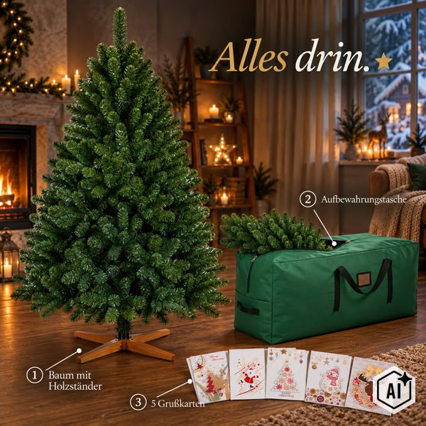 Künstlicher Weihnachtsbaum mit Holzständer, Aufbewahrungstasche und fünf Grußkarten in weihnachtlich geschmücktem Wohnzimmer.
