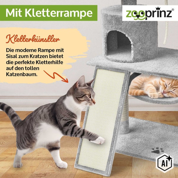 Katzenbaum mit Sisal Kletterrampe und Kuschelhöhle, zwei Katzen auf einem Sisal Kratzbaum von Zooprinz Logo.