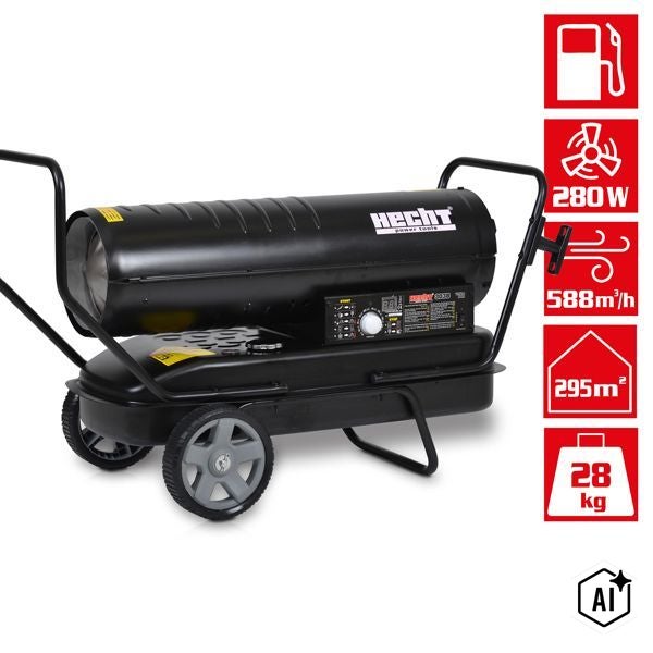 Hecht Diesel Heizkanone mit Fahrgestell, 588 Kubikmeter pro Stunde Luftleistung, für Räume bis 295 Quadratmeter geeignet.