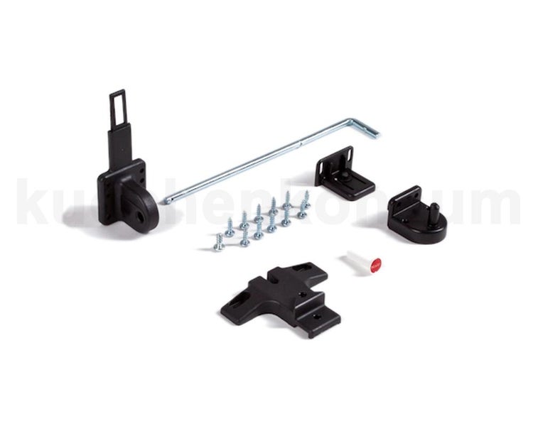 Montageset für Beschläge bestehend aus Kunststoffhaltern, einer Metallstange, Schrauben und einer Tube Schmiermittel.