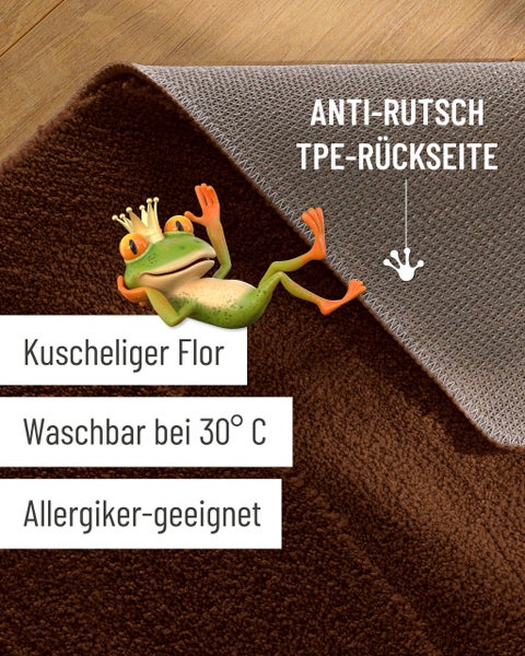 Brauner Badteppich mit weichem Flor, rutschhemmender TPE-Rückseite, waschbar bei 30 Grad Celsius und für Allergiker geeignet.