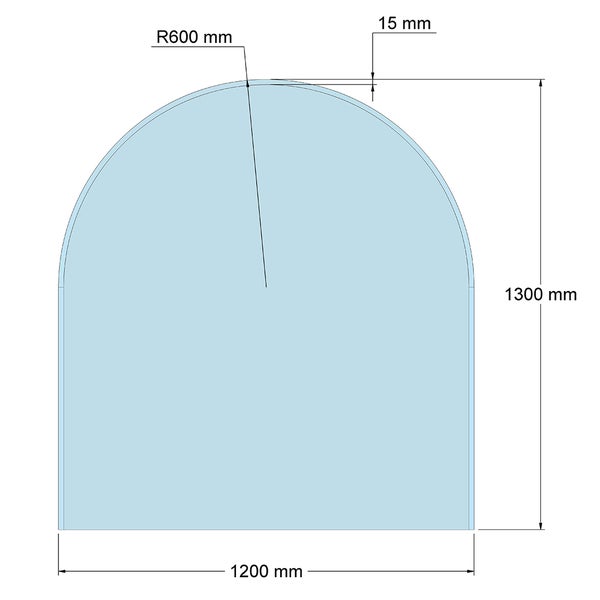 Technische Zeichnung einer bogenförmigen Glaswand mit den Maßen 1200 Millimeter Breite, 1300 Millimeter Höhe und einem Radius von 600 Millimeter.