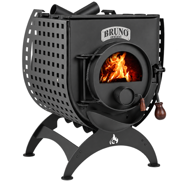 Bruno Mini Kaminofen aus Stahl mit Sichtfenster und brennendem Feuer im Inneren