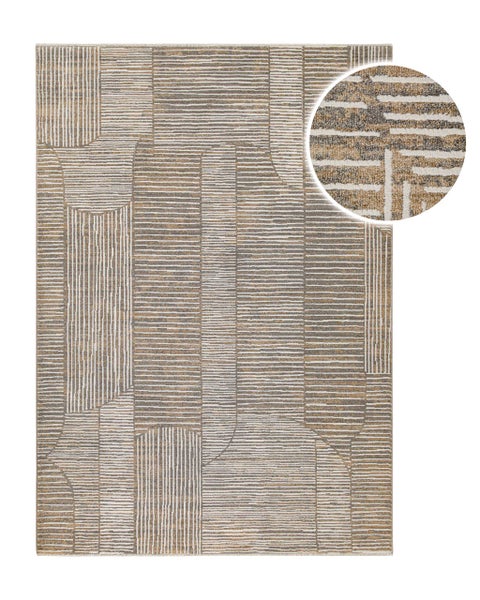 Moderner Teppich mit geometrischem Linienmuster und Detailansicht der gewebten Oberfläche.