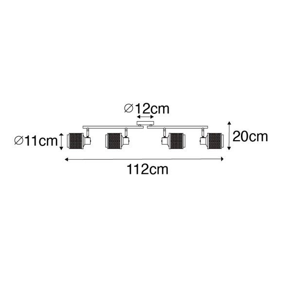 Technische Zeichnung einer Deckenleuchte mit vier Strahlern und den Maßen 112 cm Länge, 20 cm Höhe, 11 cm Durchmesser der Strahler, 12 cm Durchmesser der Deckenbefestigung.