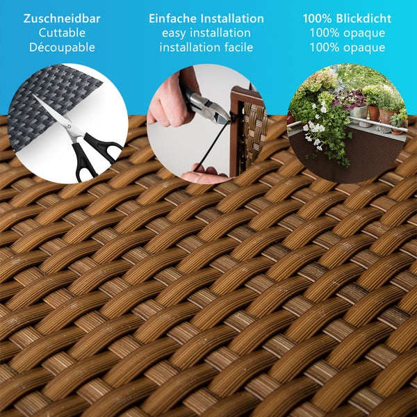 Balkonsichtschutz aus Polyrotan-Geflecht: zuschneidbar, einfache Montage mit Kabelbindern, 100 Prozent blickdicht.