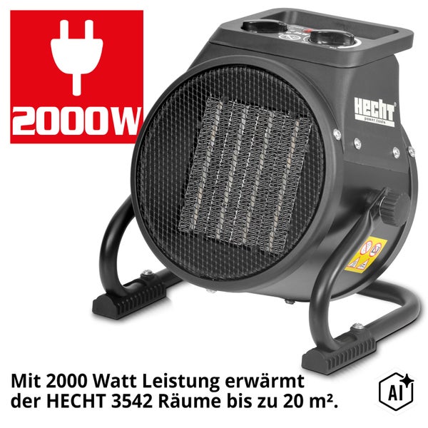 Elektrischer Heizlüfter Hecht 3542 mit 2000 Watt Leistung für Räume bis zu 20 Quadratmeter, inklusive Hecht Logo.