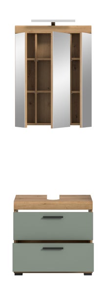 Badezimmer-Set: Spiegelschrank mit drei Türen, Eiche-Optik, Beleuchtung und Waschbeckenunterschrank mit zwei Schubladen, Salbeigrün, Eiche-Optik.