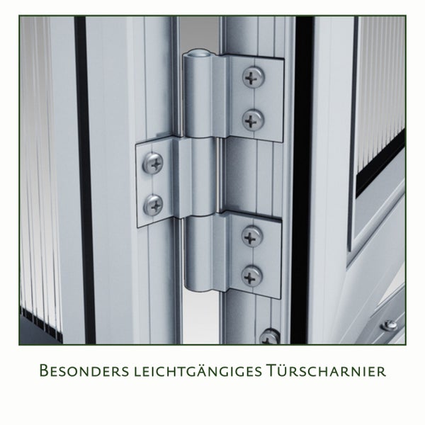 Nahaufnahme eines besonders leichtgängigen Türscharniers an einem Metallrahmen.