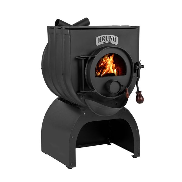 Schwarzer Bruno Mini Holzofen mit Flammen