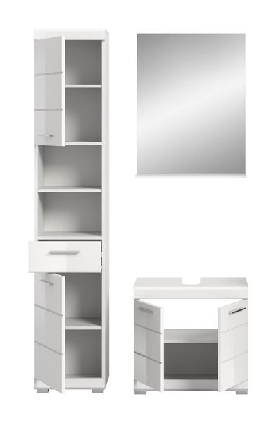 Weißes Badmöbel-Set bestehend aus einem Hochschrank, einem Waschbeckenunterschrank und einem Spiegel mit Ablage.