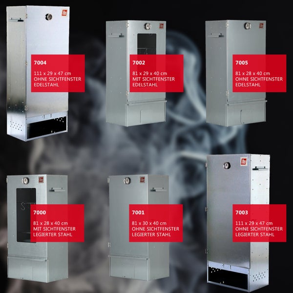 Übersicht verschiedener Räucheröfen aus Edelstahl und legiertem Stahl mit i-ta Logo, Thermometer und teilweise mit Sichtfenster.