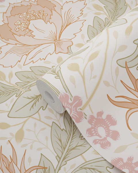 ESTAhome Tapete Blumenmuster im Jugendstil Beige, Rosa und Grün - 50 x 900 cm - 131078