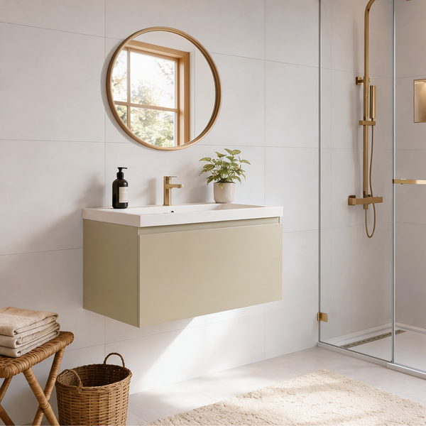 Modernes Badezimmer mit hängendem Waschtisch, rundem Spiegel, goldener Armatur und bodengleicher Duschkabine mit goldenen Details.