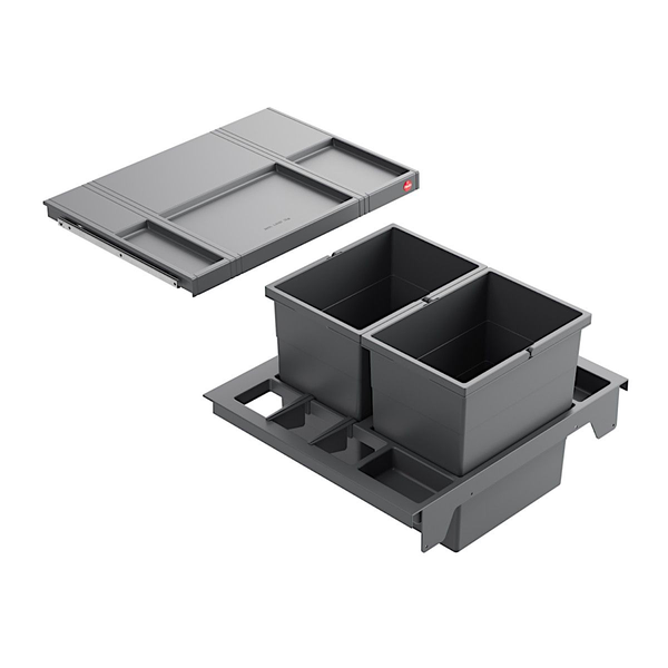 Abfalltrennsystem mit zwei grauen Kunststoffbehältern, Montagerahmen, ausziehbarem Deckel und Hailo Logo.