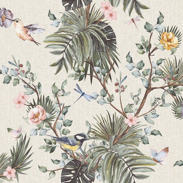 Sanders und Sanders Tapete tropische Dschungelblätter und Paradiesvögel Graugrün - 53 cm x 10 m - 640002