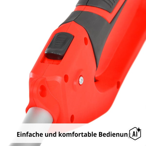 Detailansicht des Griffbereichs und Bedienelements eines elektrischen Gartengeräts für einfache und komfortable Bedienung.