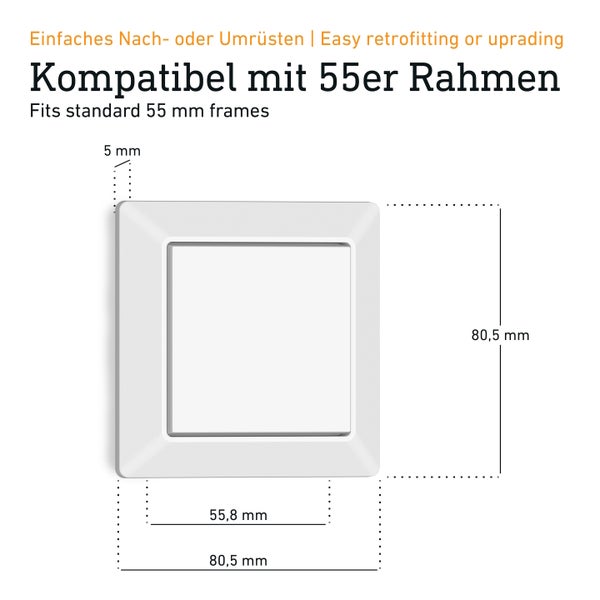 Technische Zeichnung eines Lichtschalters mit Maßen kompatibel für 55 Millimeter Rahmen.