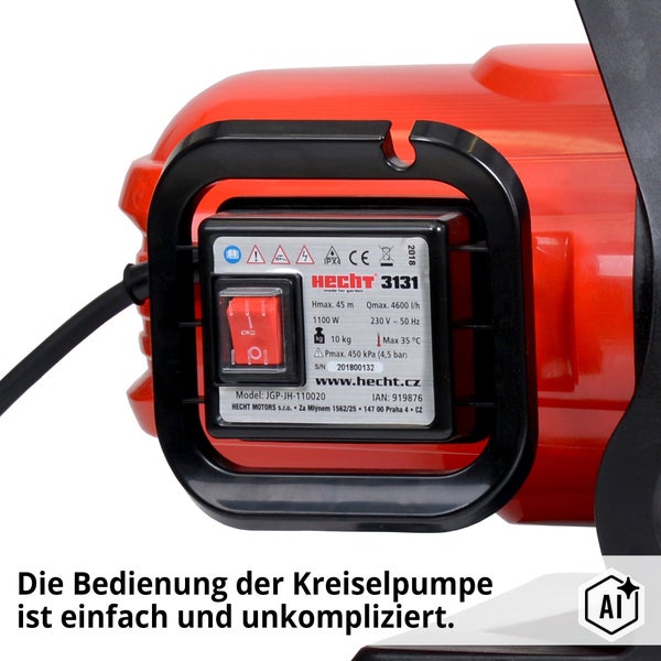 Typenschild der Hecht 3131 Gartenpumpe mit technischen Daten wie 1100 Watt Leistung und Fördermenge von 4600 Litern pro Stunde.