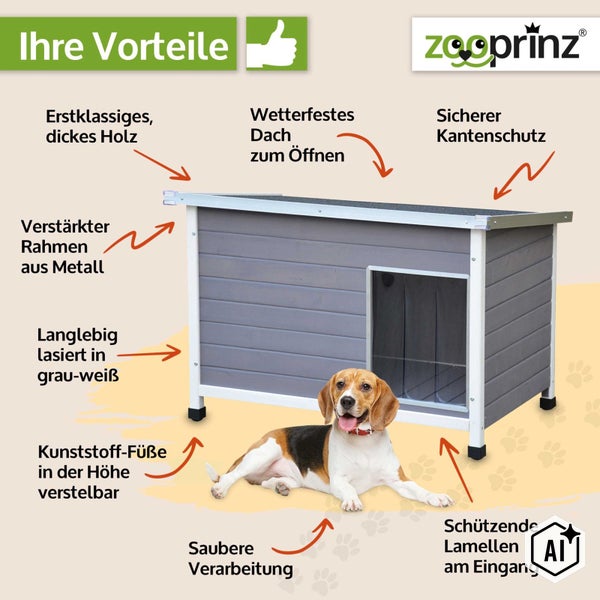 Infografik zur zooprinz Hundehütte aus Holz mit Metallrahmen, wetterfestem Dach, höhenverstellbaren Kunststofffüßen und Lamellenschutz am Eingang.