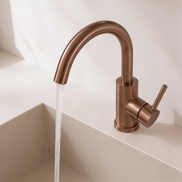 Moderne Einhebel Waschtischarmatur mit fließendem Wasser über einem Waschbecken.