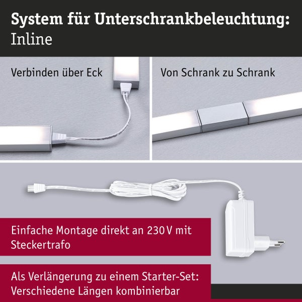 Inline System zur Unterschrankbeleuchtung mit Steckertrafo und Eckverbindung