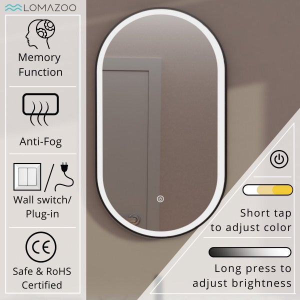Ovaler Badezimmerspiegel mit LED Beleuchtung und Antifog Funktion von Lomazoo inklusive Memory Funktion und verstellbarer Lichtfarbe