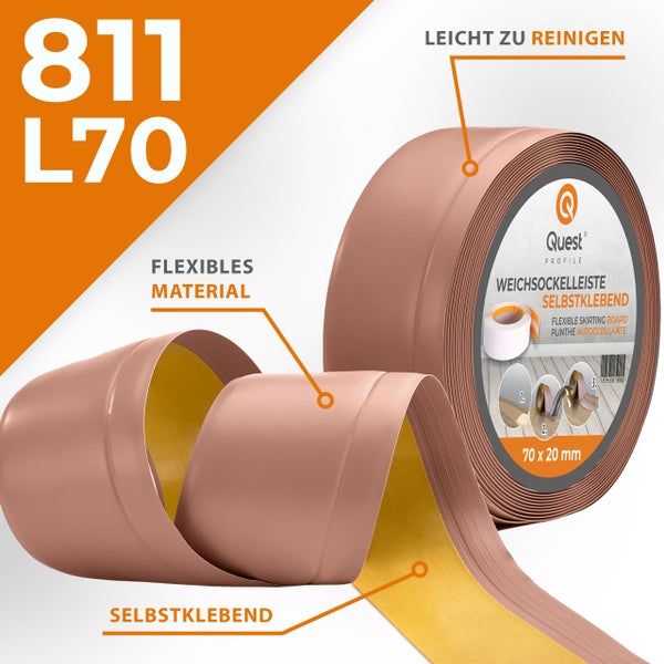Rolle selbstklebende Weichsockelleiste von Quest Profile, 70 mal 20 Millimeter, aus flexiblem Material, leicht zu reinigen.