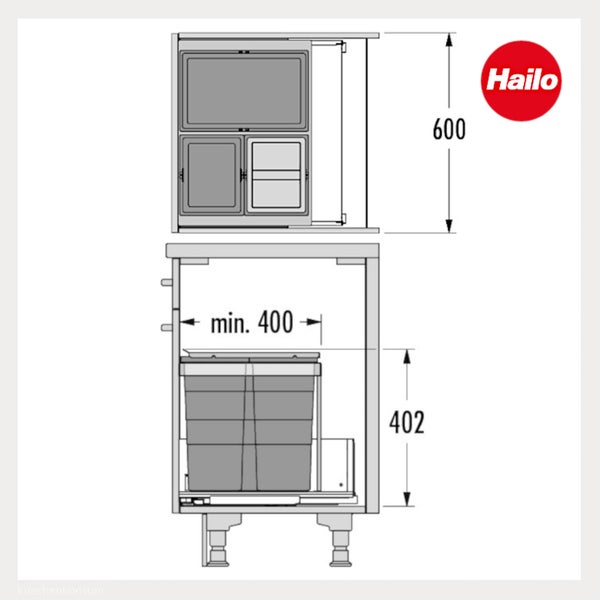 Maßzeichnung für Hailo Abfalltrennsystem mit drei Behältern, Breite 600 Millimeter, Mindesttiefe 400 Millimeter, Höhe 402 Millimeter, Hailo Logo.