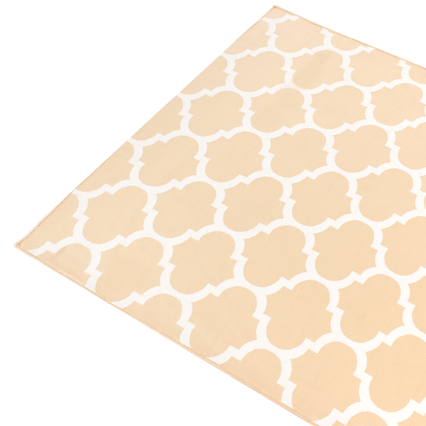 Beige-weißer Outdoor-Teppich mit geometrischem Muster, flachgewebt.