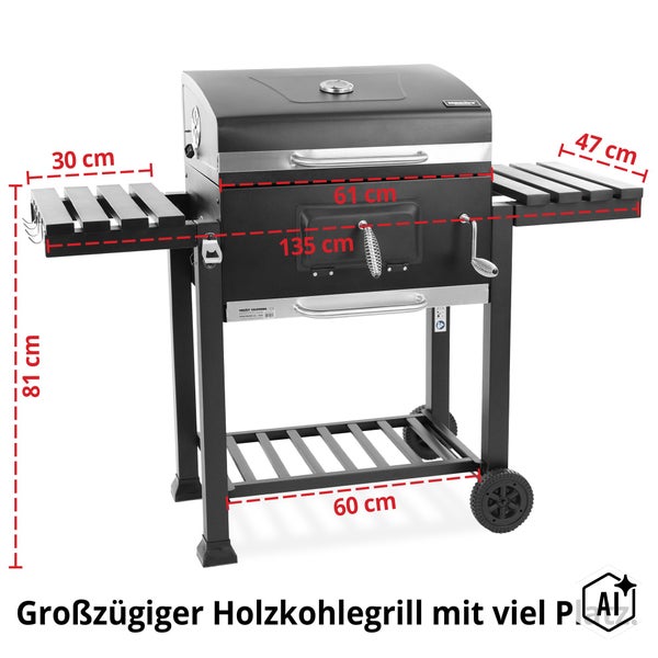 Hecht California Holzkohlegrill mit Maßangaben, Grillwagen aus Metall mit zwei Seitenablagen und Ablagefläche unten sowie Deckel mit Thermometer.