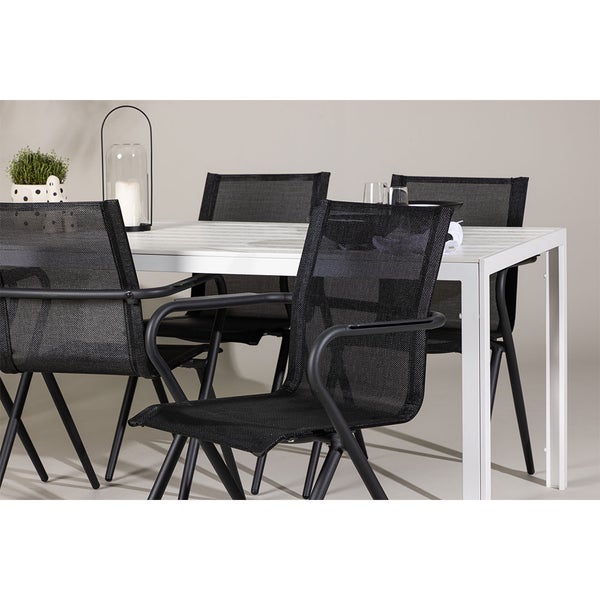 Gartentisch mit Stühlen aus Metall und Textil für den Außenbereich