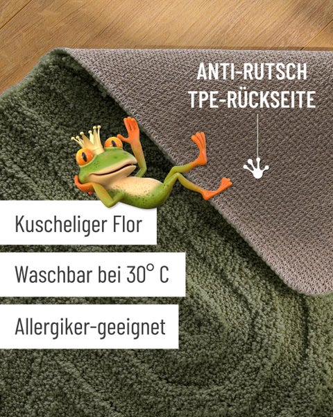 Badematte mit weichem Flor und rutschhemmender TPE-Rückseite, waschbar bei 30 Grad Celsius, für Allergiker geeignet.
