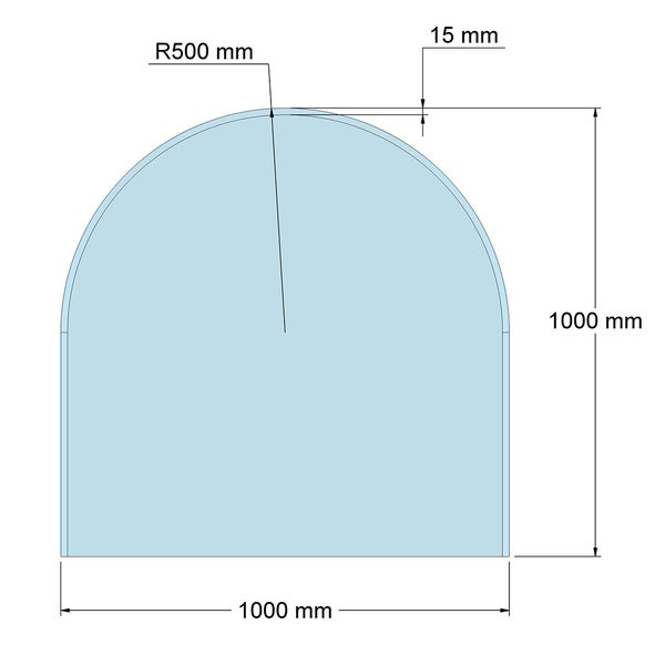 Technische Zeichnung einer Rundbogen-Glasbodenplatte, Maße 1000 mal 1000 Millimeter, Radius 500 Millimeter, 15 Millimeter Facette.
