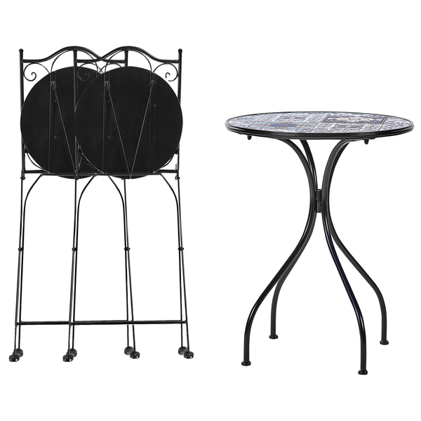 Zwei klappbare Gartentische mit Mosaikplatte und Metallgestell