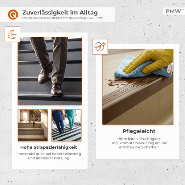 PVC-Treppenkantenprofil für 3 Millimeter Bodenbeläge. Strapazierfähiges, formstabiles und pflegeleichtes Profil mit Rillen für mehr Sicherheit.